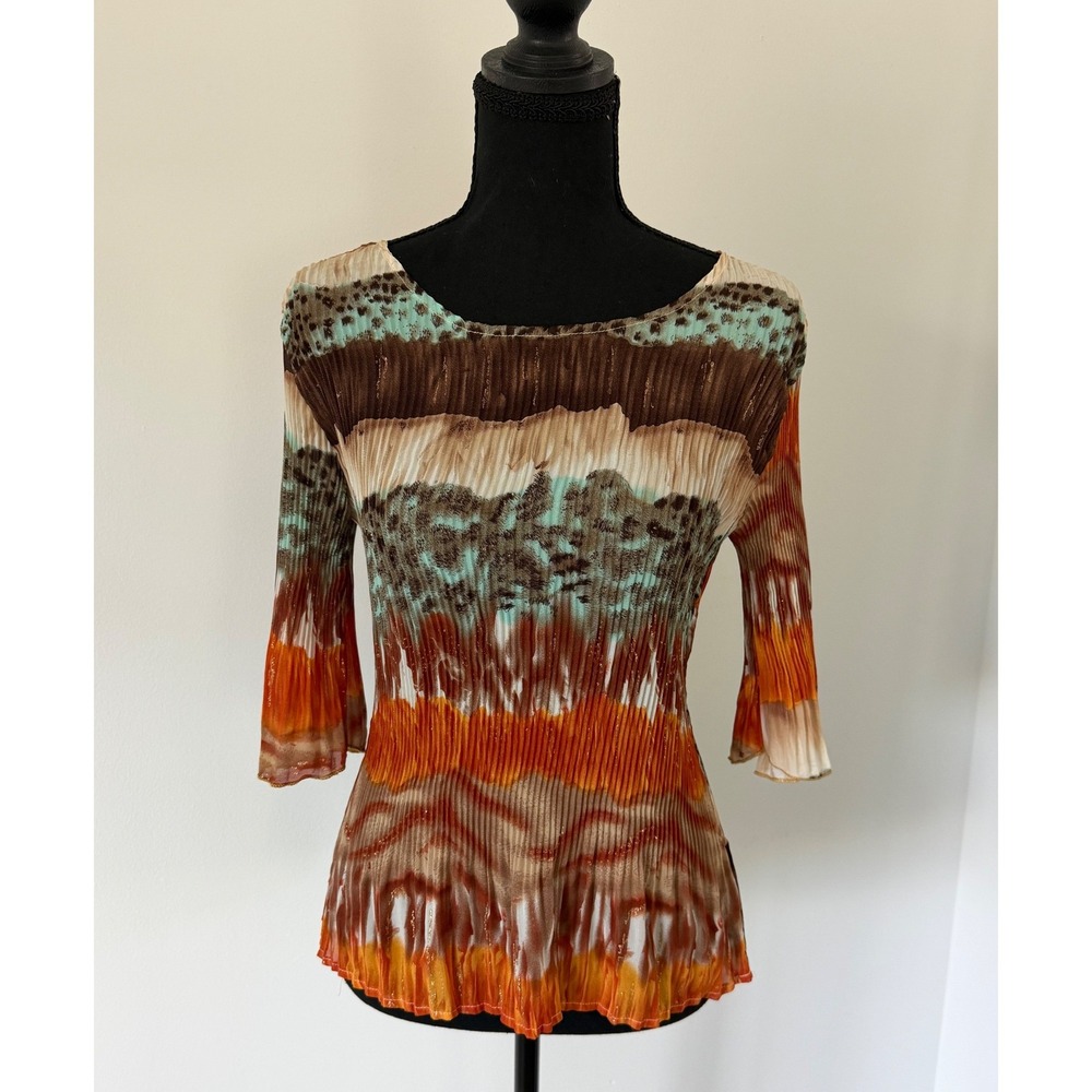 Y2K Artsy Boho Plisse Blouse Earth Tone Bell Sleeve Sheer Top Large